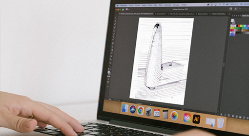 Designing sofa legs on a computer, showcasing DELTA CAINA's innovative approach to furniture hardware customization and precise engineering solutions